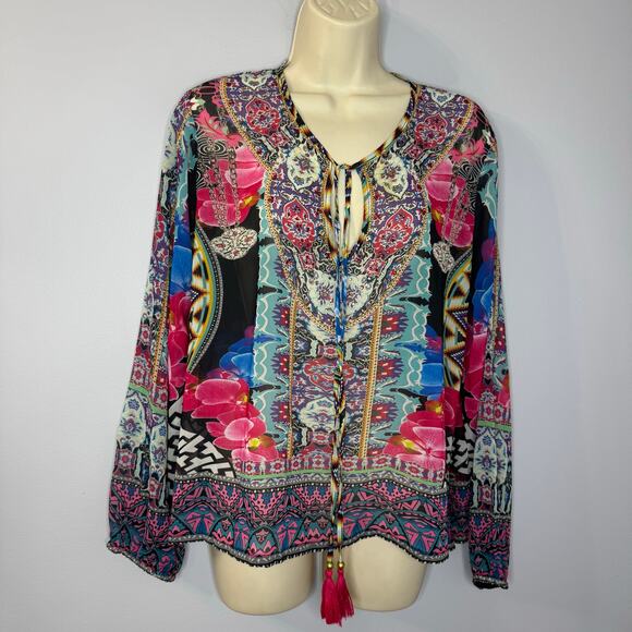 ASA Kaftans Womens Medium Sheer Tassel Tie Top Multi Print Boho Festival L - Picture 1 of 9